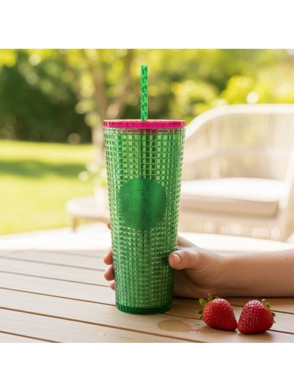 NEW Starbucks 24 oz Cold Drink Tumbler with Straw Green Red NWT